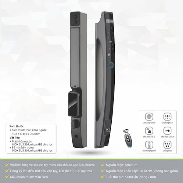 Khóa cửa nhôm vân tay Kawa KN668 Face 3D chính hãng