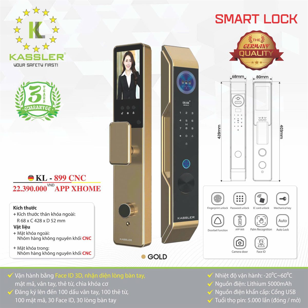 Khóa cửa vân tay Kassler KL899-CNC Face 3D - phụ kiện