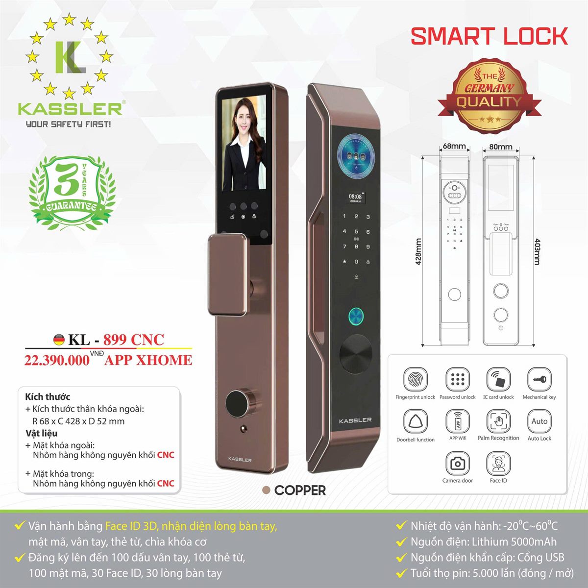 Khóa cửa vân tay Kassler KL899-CNC Face 3D - thông số kỹ thuật