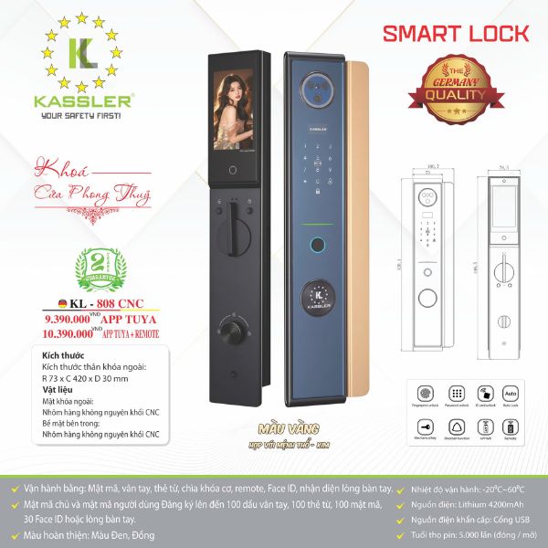 Khóa cửa vân tay KL808 CNC face 3D - mặt sau